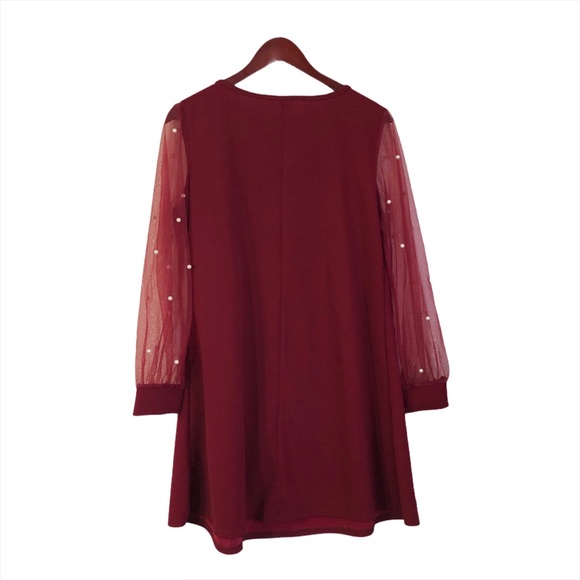 Burgundy Red Mesh White Pearl Long Sleeve Dress - Picture 6 of 13